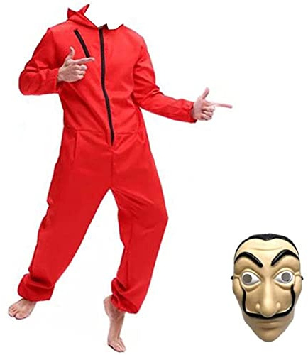 Halloween Partner Kostüm Damen Herren Bankräuber Fasching Kostüm Karneval Overall mit Maske und Spielzeugpistole Cosplay für Erwachsene Rot 2XL