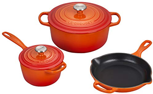 Le Creuset Signature Flame Batterie de cuisine 5 pièces en fonte émaillée avec boutons en acier inoxydable
