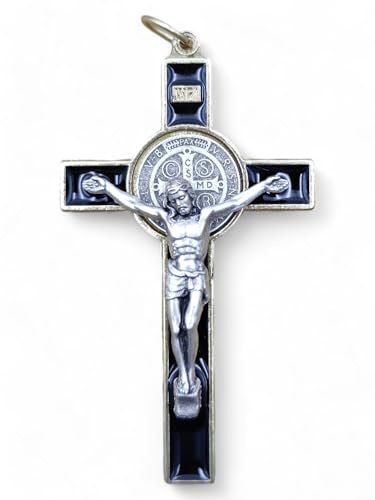 La Balestra Crocifisso per Collana, Croce di San Benedetto Made in Italy - Pendente Artigianale Crocifisso Placcato Oro 18K, Corpo di Cristo in Metallo - Medaglia San Benedetto (Nero)