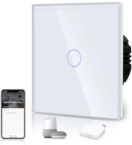BSEED Smart ZigBee infälld strömbrytare med beröringssensor glaspanel 2,4 GHz WiFi väggbrytare (hubb krävs) kompatibel med Alexa/Google Home/Tuya/Smart Life 1 gang 1-vägs vit