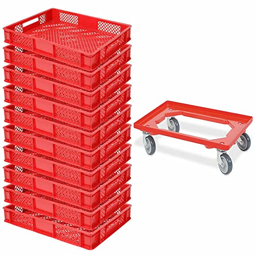 BRB Lot de 10 bacs euro, L x l x H 600 x 400 x 90 mm, qualité industrielle, qualité alimentaire + 1 chariot de transport (rouge/rouge)