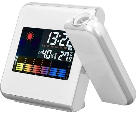 Projektionsväckarklocka med Utomhussensor, Inomhus Utomhustermometer Trådlös Temperaturfuktighetsmätare och Väderprognos för Sovrum Studera Offentliga Platser(Vit utan kablar)