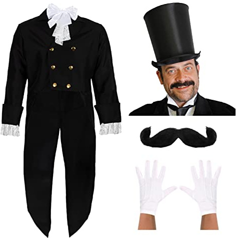 Posh Victorian Man Costume - X-Large - Black Victorian Jacket, White Cravat, Satin Bell Top Hat, White Gloves and Moustache - Historical Fancy Dress Costume