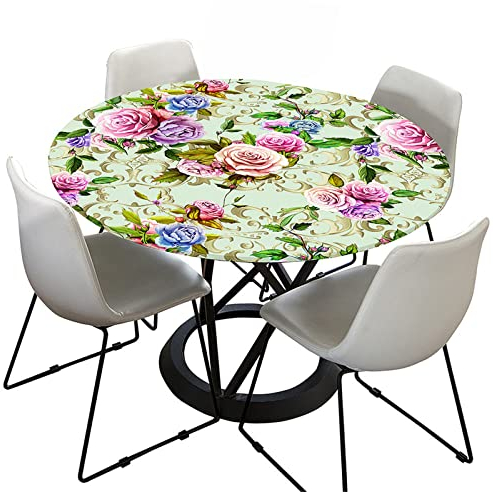 Morbuy Tischdecke Abwaschbar Rund Elastisch, Pfingstrosenblume Drucken Wasserdicht Tischdecken Gartentischdecke Küchetischdecke Abwischbar Tischtuch (Durchmesser 120cm,Vintage-Stil)