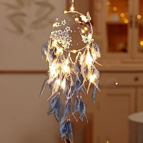 CULASIGN Traumfänger mit LED Licht,Led Traumfänger Mädchen Handgefertigt Dreamcatcher mit Federn, Bohemian Dekoration,für Gute Träume Wandbehang Auto Raum Mädchen Kreatives Geschenk (Weiß)