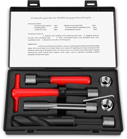 11 Stück M16x2 Gewindereparatursatz Bohrer Reparatursatz mit Aufbewahrungsbox, Edelstahl Innengewinde Reparatur Zubehör Sortiment Kit Gewindeeinsatz Werkzeug