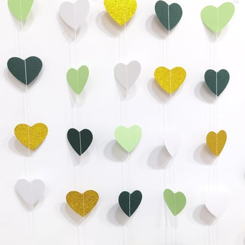 Hanging Streamer Banner 4 Stück Herz Papier Girlande Salbeigrün Weiß und Gold,Hängend Herzgirlande,Dekorationen für Geburtstag, Baby Dusche,Hochzeit, Verlobung, Jahrestag, Valentinstag,Geburtstagsdeko