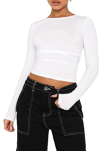 Mujeres Casual Crop Tops Slim Fit Top Cuello Redondo Manga Larga T-Shirt Basic Blusa tee Tops(White-8,S)