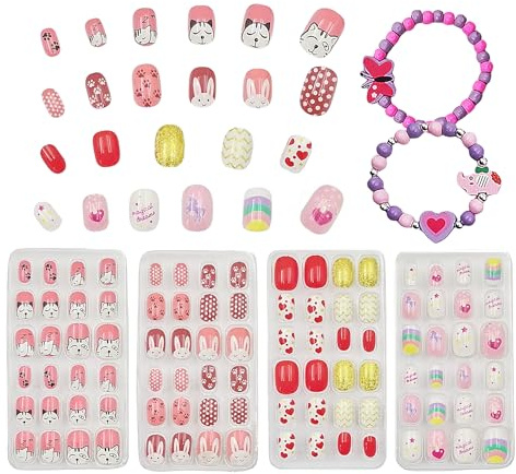 JOIYHY 96 Pezzi Unghie Adesive Bambina, Premere Pre-incollato Unghie Finte Acriliche, 4 Scatola Unghie Finte per Bambini con 2 Pezzi Braccialetti per Donna e Ragazze Adolescenti(A)