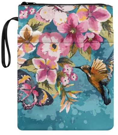 Poceacles Kolibri-Kirschblüten Buchhüllen mit Reißverschluss, waschbar, für Taschenbücher und Hardcover