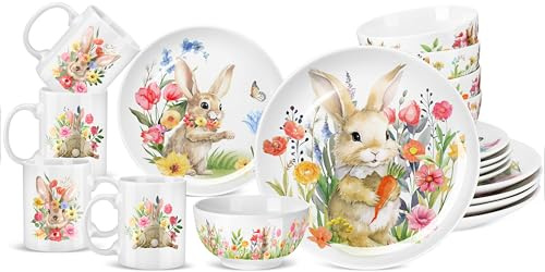 Zhehao 16 Pcs Easter Bunny Dinnerware Set Ceramics Rabbit Floral Dishware Include 10 Inch Dinner Plate 7 Inch Salad Plate 5 Cereal Bowl 16 oz Coffee Mug for 4 Guest Holiday Easter Spring Dinner