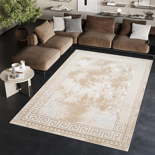 TAPISO Ares Teppich Kurzflor Glänzend Mäander Griechisch Creme Beige Klassisch Rahmen Marmoreffekt 3D Effekt Wohnzimmer Schlafzimmer ÖKO-TEX 200 x 300 cm