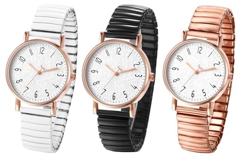 JewelryWe Damenuhr Elastische Uhr Damen Klassische Einfache Analog Quarz Armbanduhr Frauen Edelstahl Stretch-Armband Dünne Uhr mit Zugarmband & großem runden Zifferblatt