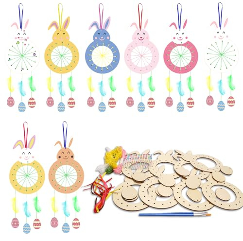 WEDNOK 8 Stück Osterhasen Traumfänger Bastelset Hasen Holz Basteln Kinder Ostern Dreamcatcher Kunsthandwerk DIY Osterbastelset zum Bemalen Ostergeschenk Kreativsets für Mädchen Jungen Ostern