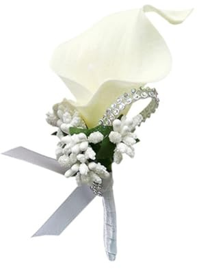 Wisafory 1 Stück Hochzeit Boutonniere Calla Lily Ansteckblume mit Sicherheitsnadel Künstliche Blumen Brosche Handarbeit Corsage Knopfloch Blume Hochzeitsanstecker für Bräutigam Milchig weiß