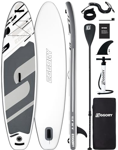 EGGORY Aufblasbares Stand Up Paddle Board Surfbrett SUP Komplettes Paddleboard Zubehör Verstellbares Paddel, Pumpe, ISUP Reiserucksack, Leine, wasserdichte Tasche, Erwachsene Paddelboard (Pop-Grey)