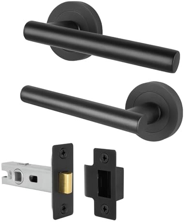 EAI Black Door Handles and Latch Set, 1 Pair of Internal Matt T-Bar Round Rose Handles and Latch 64mm - Oliena Range