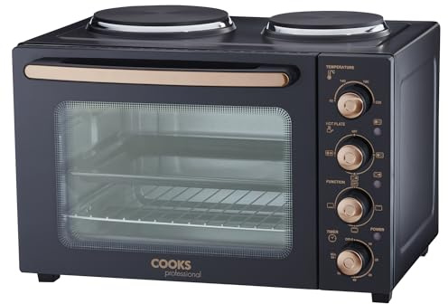 Cooks Professional Mini Portable Oven with Hobs | Energy Efficient Electric Countertop Cooker with Two Hot Plate Hobs & Wire Rack Baking Tray | Kitchen Table Ovens | 34L Capacity | Black and Copper
