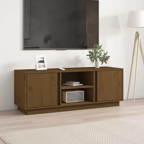 Gecheer Meuble TV Table TV Meuble TV Salon Table Télévision 4 compartiments et 2 portes Meuble de salle à manger TV bas de style moderne en bois massif de pin, marron miel 110 x 35 x 40,5 cm