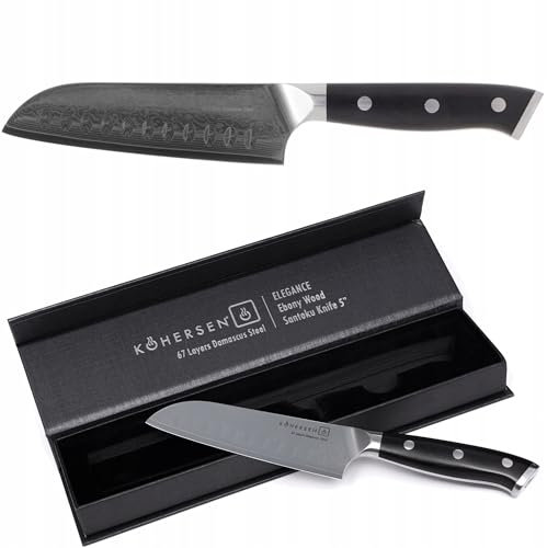 Kohersen - SANTOKU ELEGANCE 5 - Cuchillo de cocina de acero de Damasco, mango de madera de ébano africano - Inoxidable - Cuchillo multiusos Santoku - 23,3 x 2 x 3,8 cm