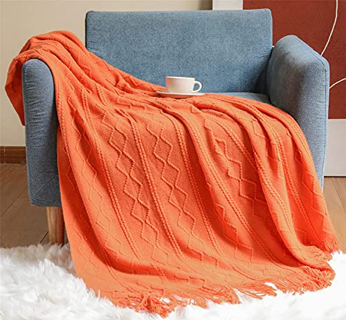 Hayisugal Wohndecke Boho Decke Weich Strick Sofadecke mit Quaste Kuscheldecke Couch Decke Sofa Überwurfdecke Sommer, Orange, 130 x 150cm