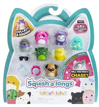 Squish-a-longs Confezione da 8 (stile 1- W2) - (8) Mini-Squish da 2,5 cm con (2) accessori, (1) anello e una guida per collezionisti - Colleziona, commercia e gioca