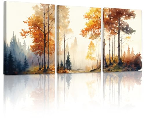 MHARTK66 Quadri Oro Soggiorno 3 pezzi, Stampe da Parete Foresta Nebbiosa, Quadro Camera da Letto Su Tela Paesaggio Autunnale, Giallo Moderni Decorazioni Parete Bagno Cucina Ufficio
