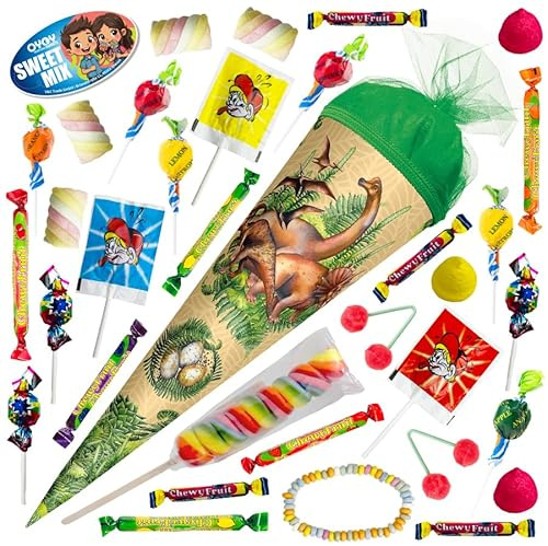 OYOY 35cm Schultüte gefüllt mit Süßigkeiten Mix I ROTH Schultüte Veganosaurus I gefüllte Zuckertüte I Geschwistertüte Jungen I Geschenke zur Einschulung und Kindergarten