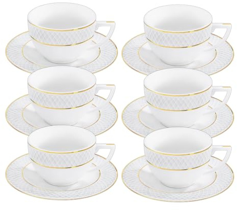 Wilmax - Tassen mit Untertassen - Goldmuster - 6er-Set - 170 ml - Kaffeetassen aus Porzellan - Weiß - Geschirrset für 6 Personen - Tassenset für Kaffee, Tee, Desserts - Kaffeeservice