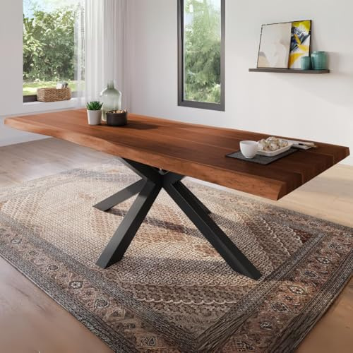 trelevo Esszimmertisch 300x100 cm nussbaumfarben Spider-Gestell Baumkante | Akazienholz massiv, Tischplatte, schwarz, Baumkantentisch