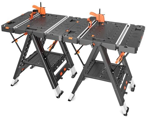 LARBANKE Banco de trabajo plegable portátil combinado,Caballete y banco de trabajo 2 en 1,Banco de trabajo impermeable con capacidad extra de carga con 8 pinzas para trabajar la madera,8 bloques de