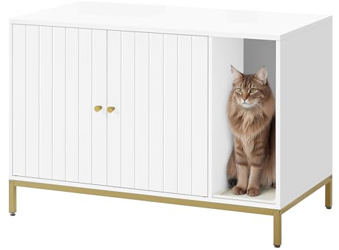 Feandrea kattsandlåda, katthus, med skrapstolpe, höga ben, sidobord, 90 x 48 x 61,5 cm, vitguld PCL027W01