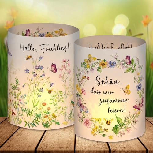 12 Windlicht Tischdeko, Frühlingsdeko Osterdeko Innen, Schmetterlinge Blumen Deko Frühling Ostern, Modern Dekoration Frühling Grün, Party Deko Tisch Set, Geeignet für Teelichter Oder Kerzen