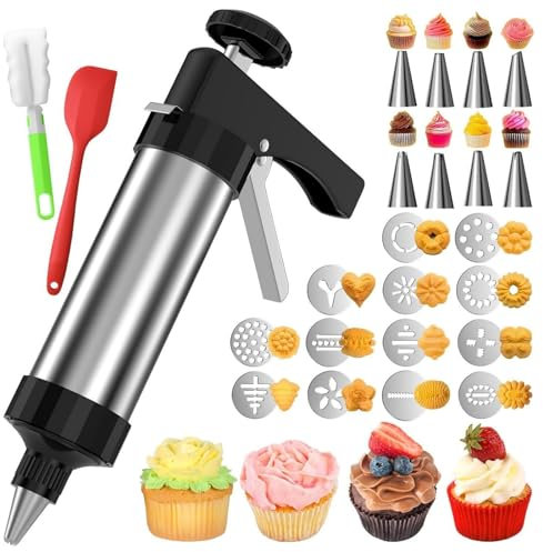 HSTWODE 1 professional stainless steel pastry press and garnish syringe, 13 stencils, 8 nozzles (stainless steel dough syringe, pastry syringe, stainless steel, pastry press, garnish syringes)