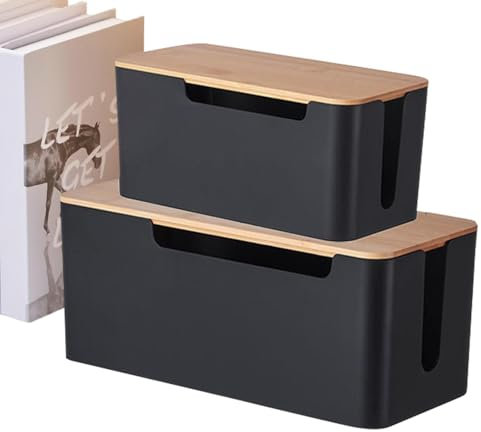 Riaisttd Organizer Box With Wood Lid, 2X Cable Management Storage Box, Decorative Home Storage For Data Cables, USB Hubs, Computer Routers, Power Strips, Tidy Cord System Cord Organizer Box