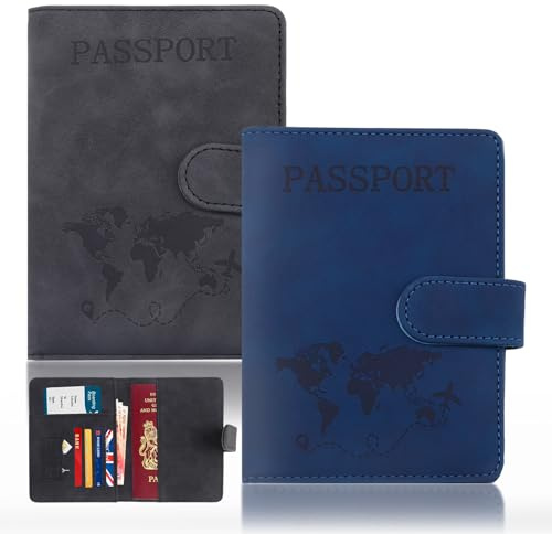 AmiCera Schnallenverschluss RFID Reisepasshülle 2er Set, Reisebrieftasche Organizer PU Leder, Reisepasshülle Dokumentenhalter für Männer Frauen Familie Geschenke Wesentliche