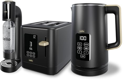 Black 800W 2 Slice Toaster, 1.7L 3000W Digital Kettle, Sparkling Water and Soda Maker | Digital Control Panel with Countdown Timer, BPA-Free Auto Shut-off Electric Temperature Control Kettle