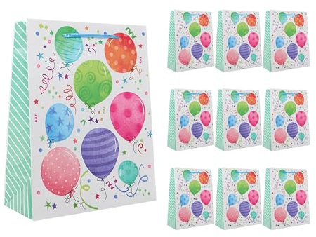 Idena 90246 - Geschenktüten Ballons, 10 Stück, Geschenktaschen in der Größe 18 x 23 x 8 cm, Papiertüten mit bunten Luftballons