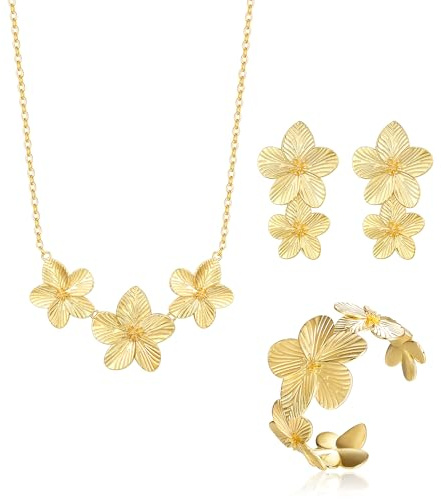 Ever Faith Vintage Gold Flower Jewelry Sets, Matte Metal Floral Statement Necklace Boho Earrings Chunky Wide Open Cuff Bangle Bracelet Set Trendy Wedding Holiday Accessories