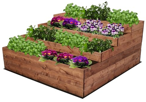 MODO24 Hochbeet Holz, 4-stufiger Pflanzkasten, Blumenkasten, Gemüsebeet, Kräuterbeet, Anzuchtset, Anzuchtkasten, mit Gartenvlies als Unterlage und Schrauben, Abmessungen 54x117x120 cm, Farbe: Braun