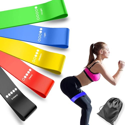 YUNPYCHY Miniband Lot de 5 bandes élastiques de fitness avec 5 niveaux de résistance, en latex naturel, bandes de résistance pour le renforcement musculaire, le pilates, le yoga et le fitness