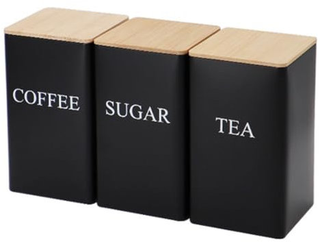 Sunmeit 3 Piezas de Latas Selladas de Piezas, Estilo y Simple, Tapa de Bambú, Lata de Té de Hierro, Almacenamiento de Refrigerios, Lata Cuadrada en Grano de Café, Negro