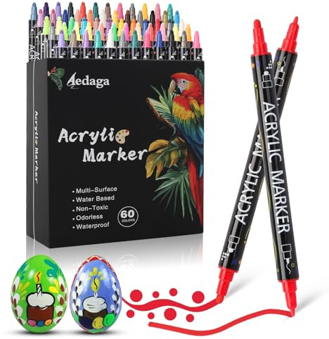 AEDAGA 60 Couleurs Feutre Acrylique, Marqueur Acrylique Double Pointe | Pointe Fine & Ronde | Séchage rapide | Non toxique | Waterproof | Feutres Coloriage Adulte | Acrylic Marker pour Verre, Œufs