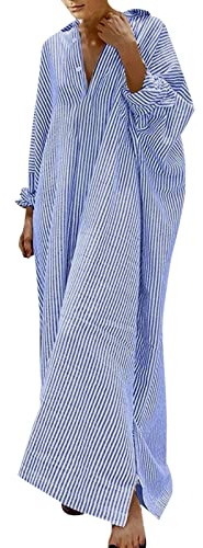 2025 - Vestido camisero de lino de algodón a rayas de mujer Casual suelto maxi vestido largo amarillo, azul, XL