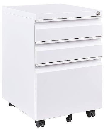 Panana 2/3 Drawer Mobile File Cabinet, Steel Lockable Office Cabinet with Wheels Under Desk Drawers on Casters for Home Office Furniture, Fully Assembled (White, 3 Drawers)