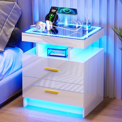 yoofun LED Bedside Table with Charging Station, High Gloss Nightstand with 2 Drawers, 3 Color Dimmable Modern Smart Night Stand with USB Type-C port Bedroom, End Table for Living Room Bedroom White