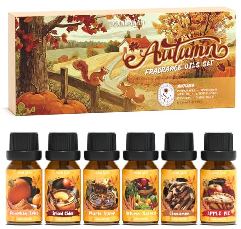 SoulOrigin Autumn Essential Oils Set, Fragrance Oil Set for Oil Diffusers, Bath Salts and Soap Candle Making Scents 6x10ml - Pumpkin Spice, Spiced Cider, Autumn Harvest, Cinnamon, Maple Syrup
