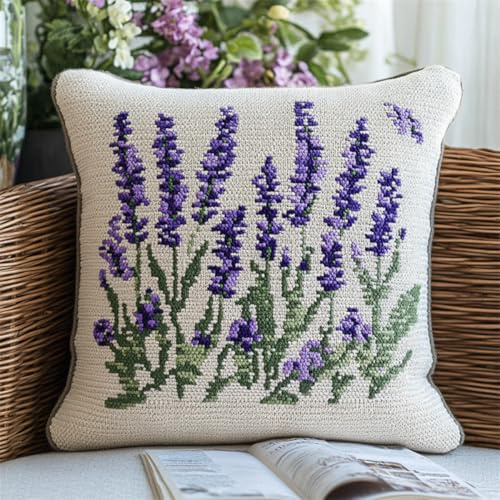 Kitquiver Diy Knüpfkissen Set Cartoon-Lavendelblüten Diy-Kissenbezug Mit Gobelin-Stickerei,Kissen-Set Für Die Heimdekoration,Stickset Für Anfänger 17x17In