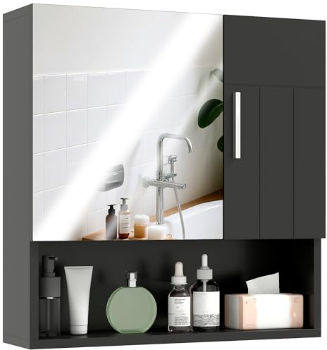 kleankin Specchio Bagno Contenitore con Mensole Regolabili, Specchiera Bagno con Contenitore a 2 Ante e Ripiano Aperto in Legno e Vetro, 54x15.2x55.3 cm, Nero