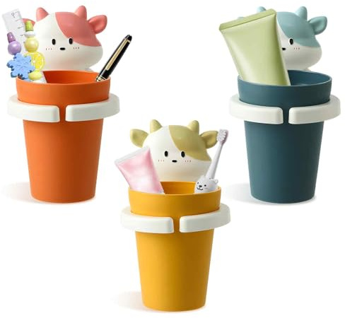 SI SEN 3 Stück Zahnbürstenhalter Mit Zahnputzbecher, Zahnputzbecherhalter Ohne Bohren, Niedliche Zahnputzbecher Kinder, Blaue Pink Zahnbürste Tasse Set, Spurenlos Abnehmbar